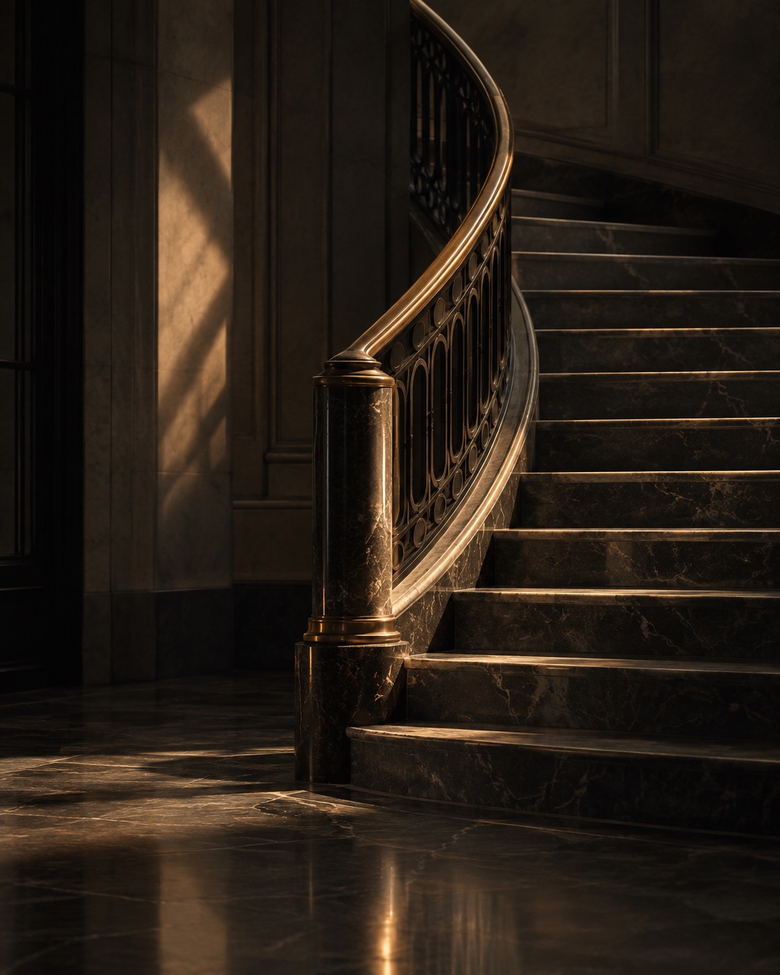 Escadaria de mármore com corrimão dourado, iluminação suave